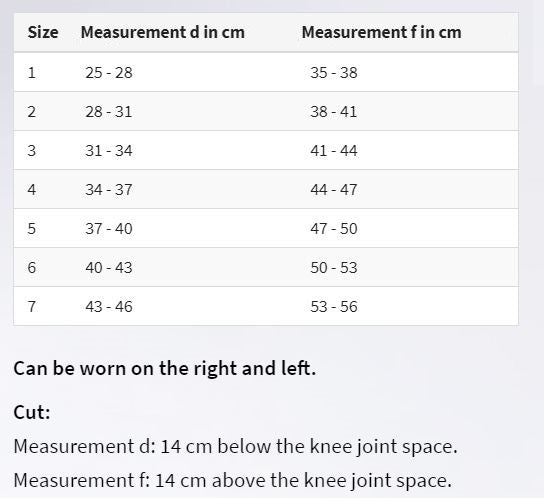 Size Chart of Knee Bandage in Ontario