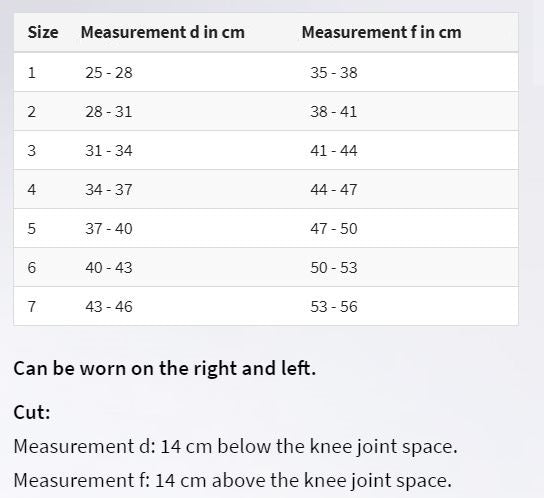 Size Chart of Knee Bandage in Ontario