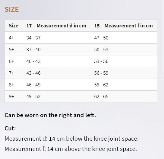 Knee Support Size chart