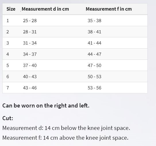 Knee Braces Size Chart for Ontario Canada