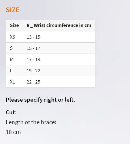 Wrist Orthosis Size Chart for Canada Ontario